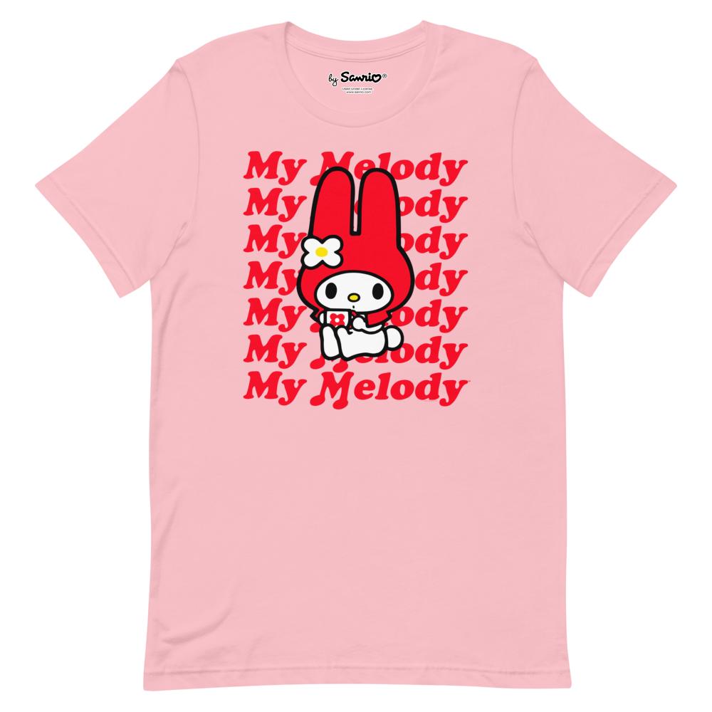 Close-up of My Melody red logo on pink t-shirt