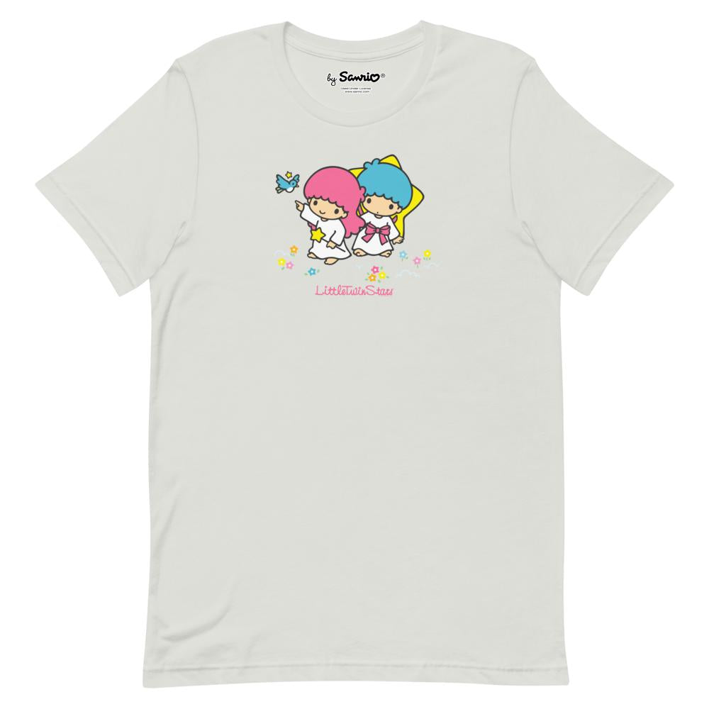 Front view of the LittleTwinStars unisex graphic tee featuring Kiki and Lala.