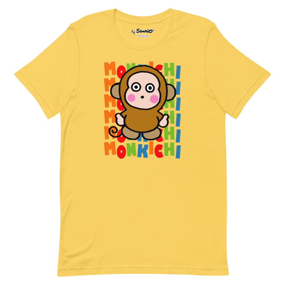 Front view of Monkichi Yellow Cotton T-Shirt laid flat on a wooden table