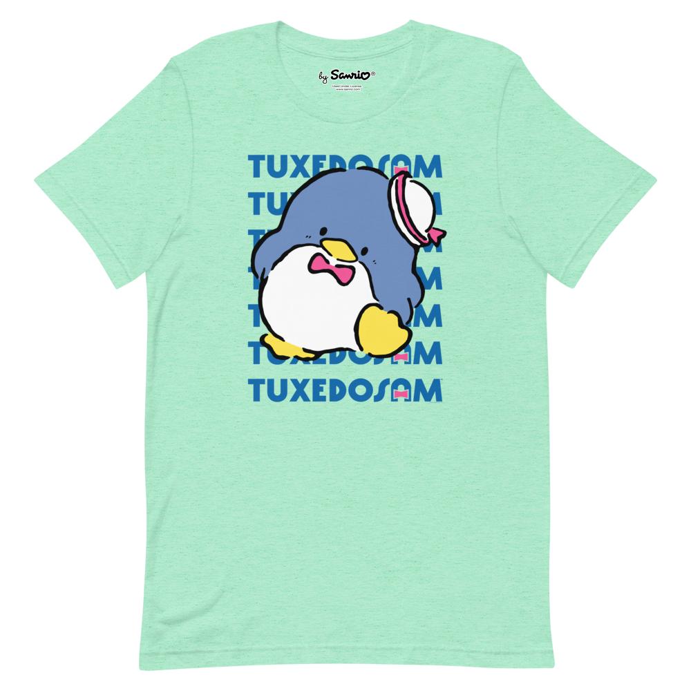Front view of mint green t shirt mens featuring Tuxedosam print
