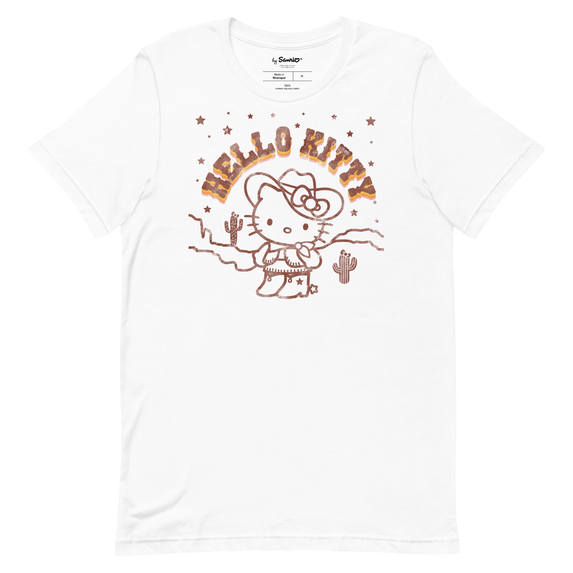Front view of Hello Kitty western t-shirt styled with denim and boots