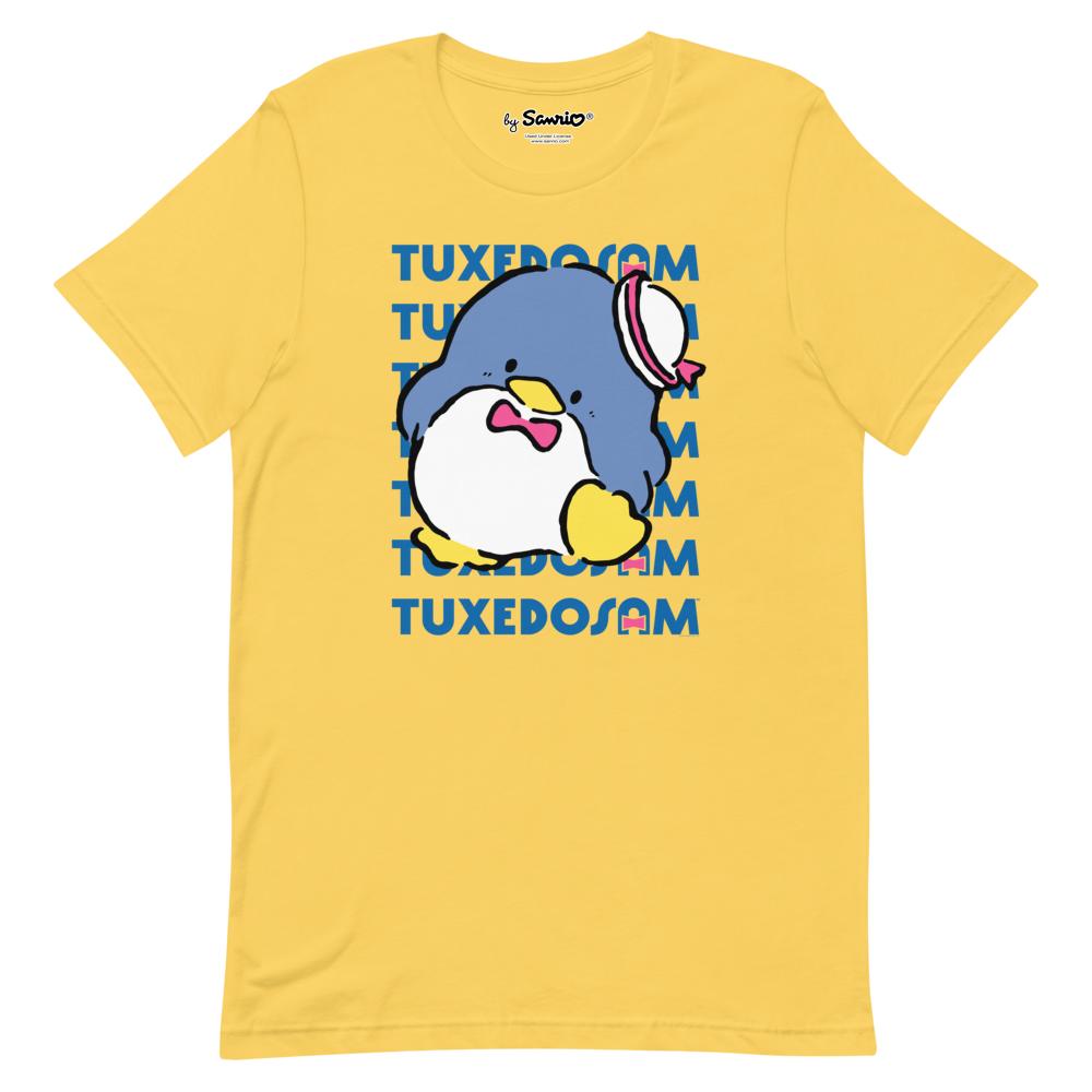 Front view of Tuxedosam yellow graphic tee styled with sneakers – best for daily wear.