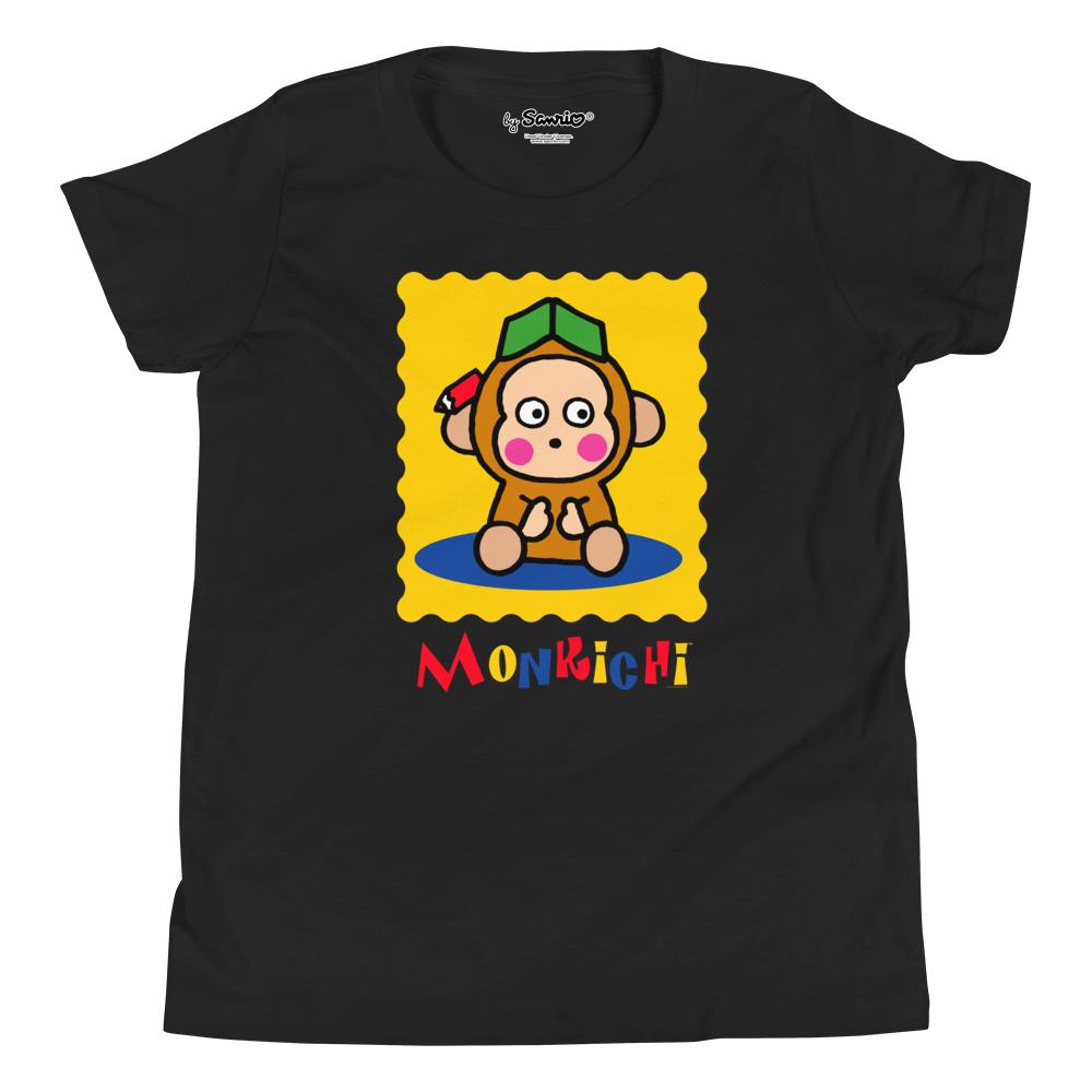 Front view of youth Monkichi primary logo t-shirt in black, made with ultra soft cotton