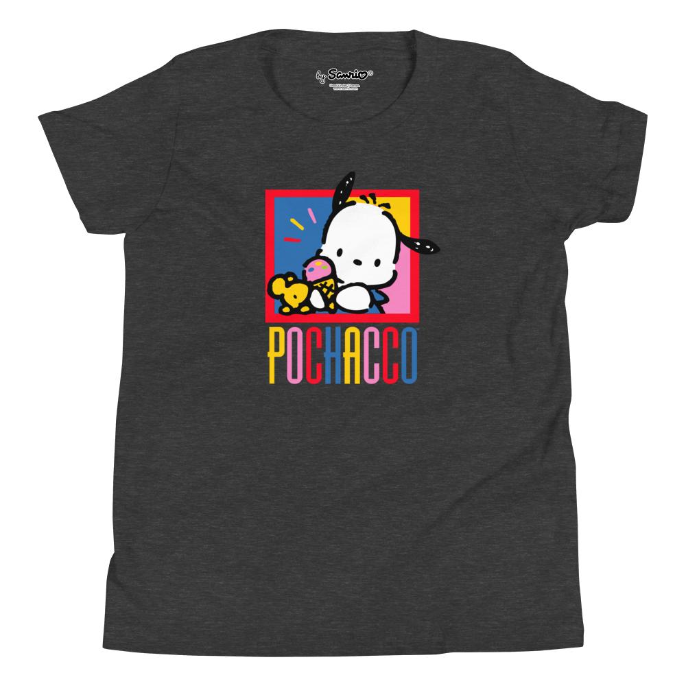 Front view of a youth wearing a black Gildan Sanrio Pochacco t-shirt