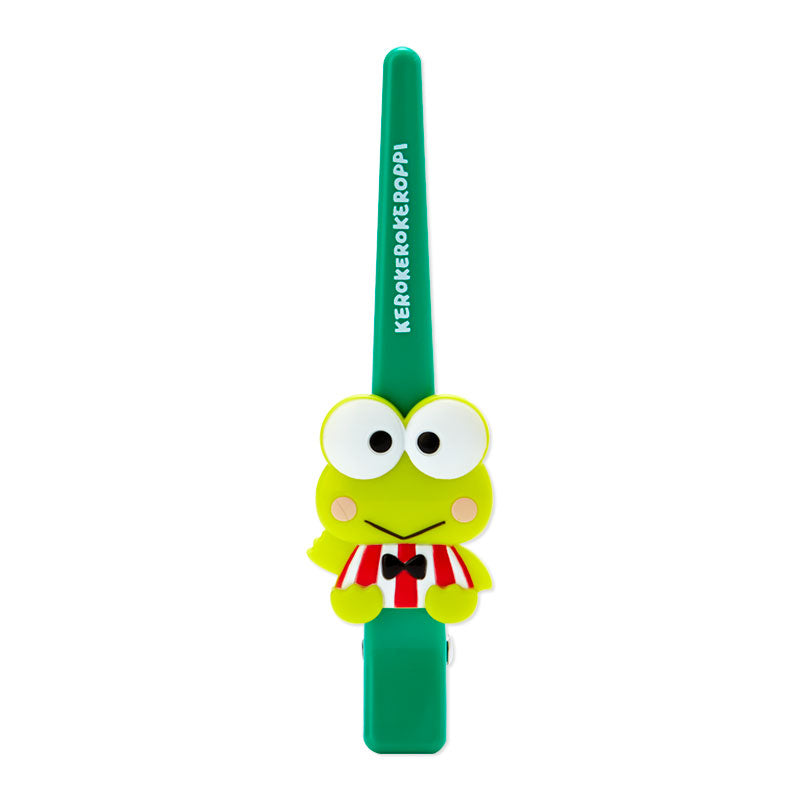 Keroppi hair clip front view with butterfly detail on white marble surface