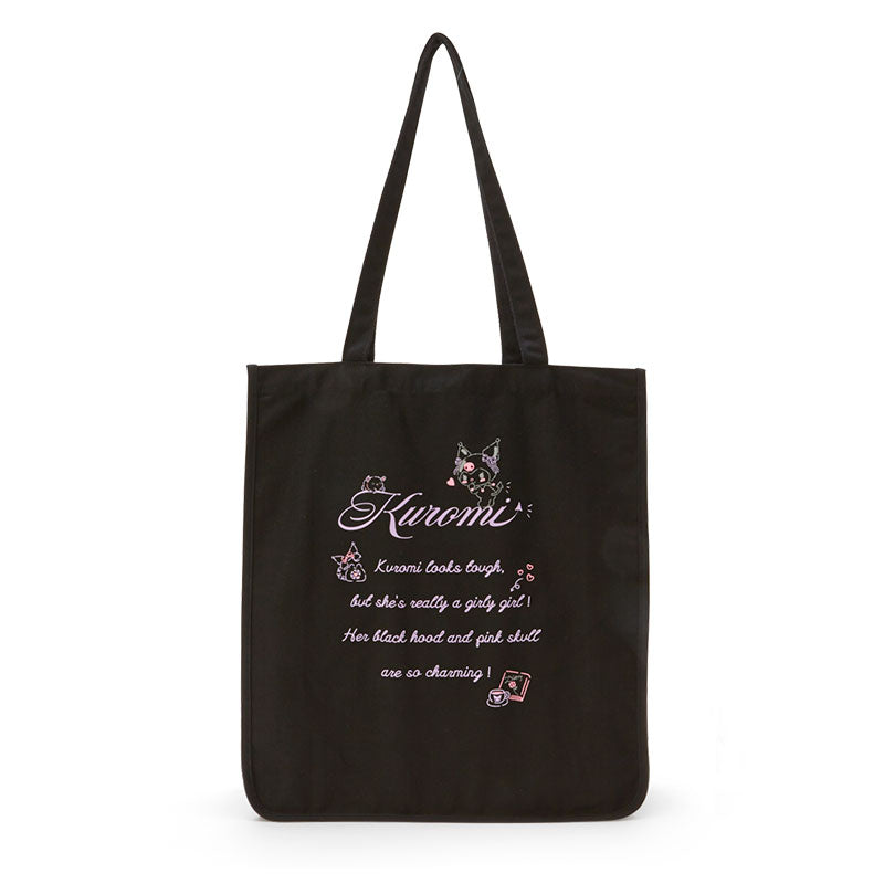 Front view of Kuromi canvas tote bag on a city bench
