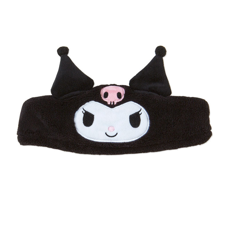 Front view of plush Kuromi headband with embroidered character details