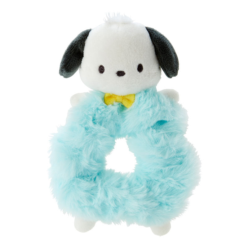 Top view of the plush scrunchie showing silk bowtie and embroidered accents
