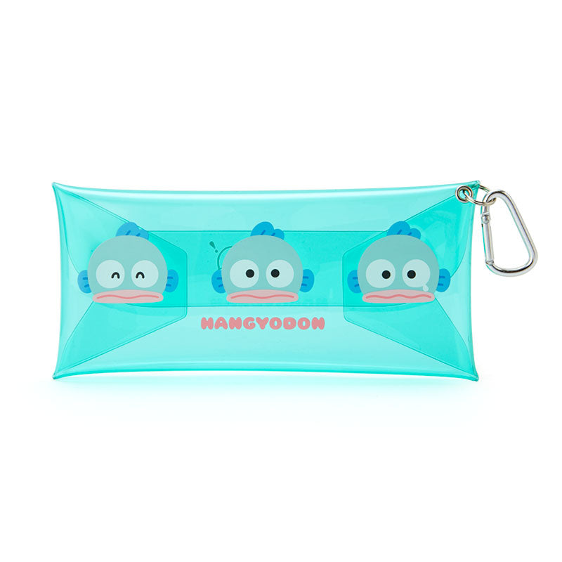 Top-down view of clear pouch showcasing snap clasp and Hangyodon design