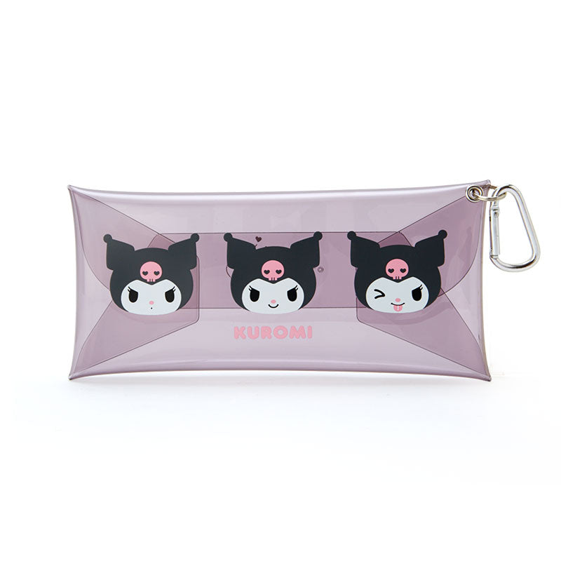 Front view of Kuromi clear makeup bag with clasp, great for tote organization.