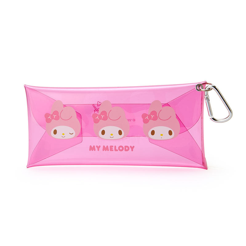 Front angle of My Melody clear pouch showing snap closure and compact size