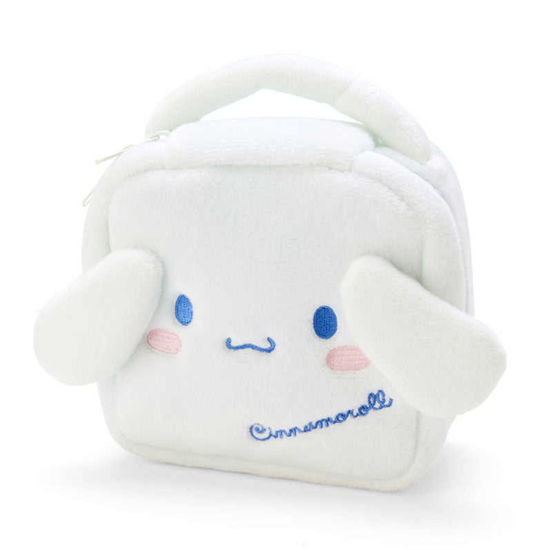 Close-up of the Cinnamoroll pouch showing plush texture and embroidered details