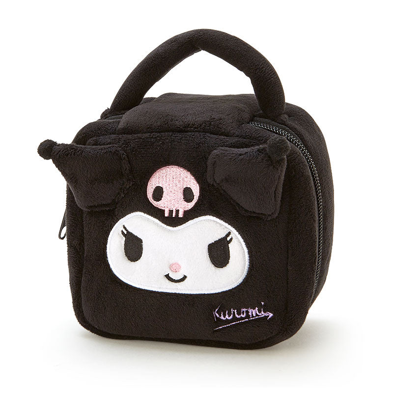 Kuromi plush travel pouch with clear design, showing cosmetics inside