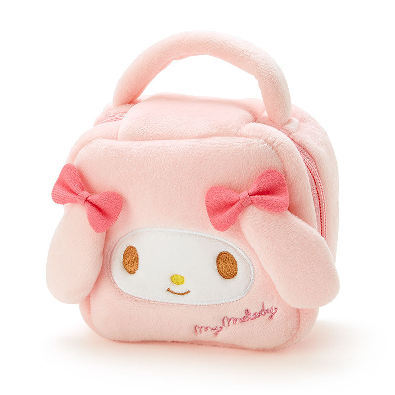 Front view of plush travel pouch showing My Melody design and top handle