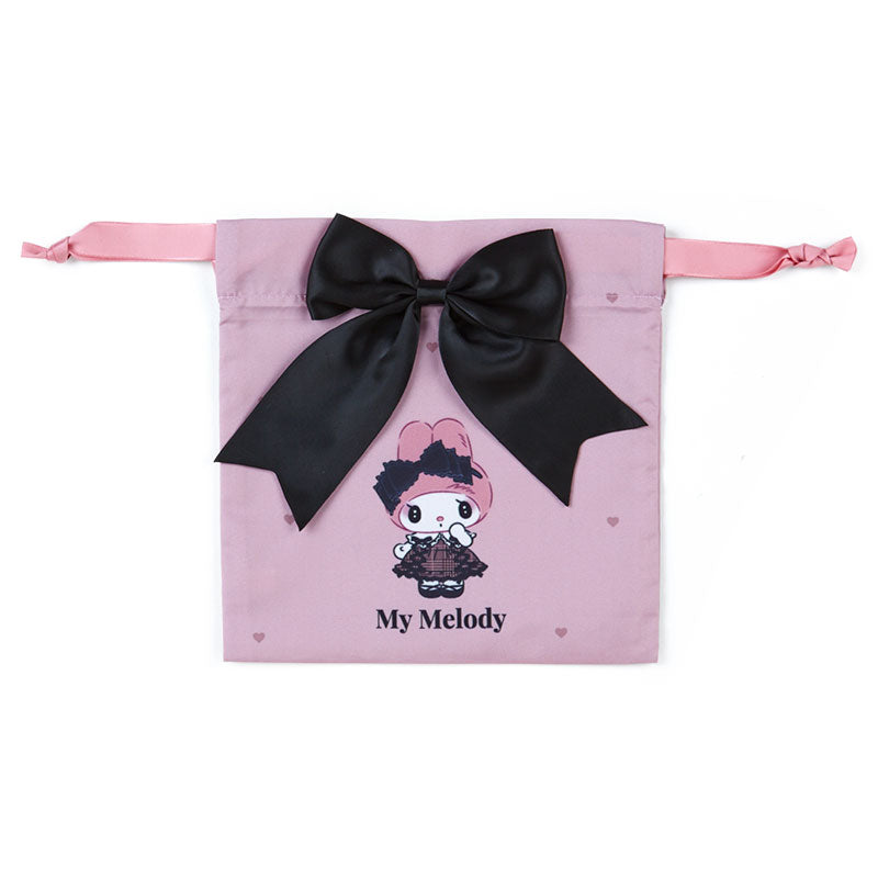 Close-up of My Melody's gothic outfit on a drawstring bag, perfect for Lolita fashion lovers.