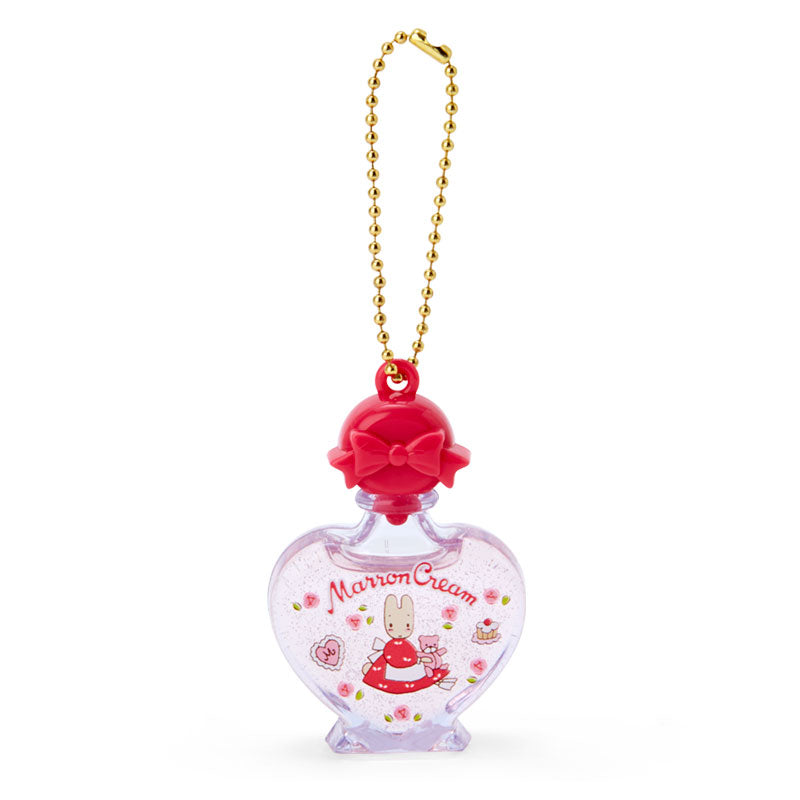 Sanrio Marron Cream charm attached to a denim backpack