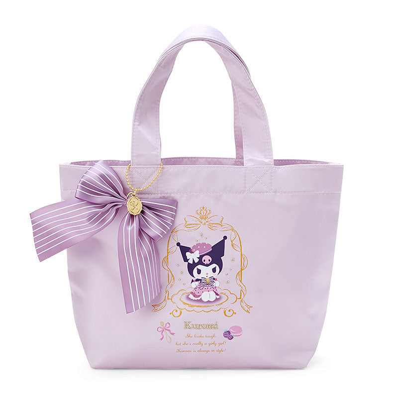 Kuromi Tea Room handbag displayed on a café table with macarons.