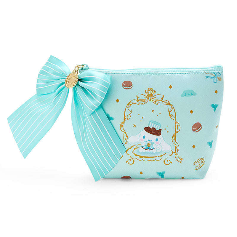 Front view of the Sanrio zipper pouch featuring macarons and Cinnamoroll characters