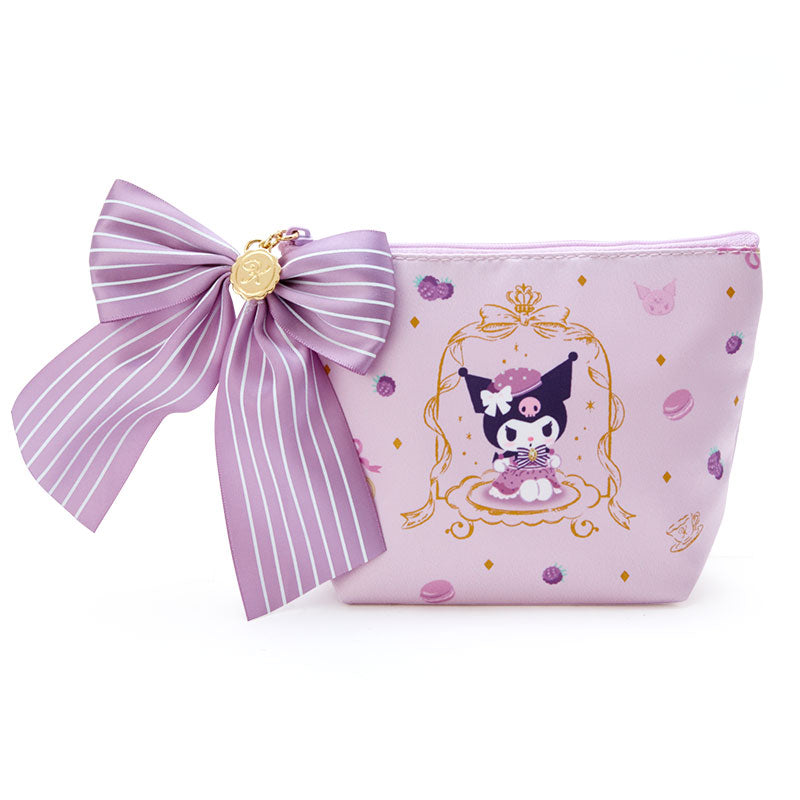 Close-up of Kuromi zipper pouch with striped ribbon and gold charm details