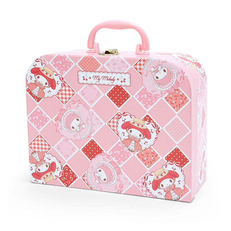 Front angle of Sanrio suitcase showing My Melody print and latch